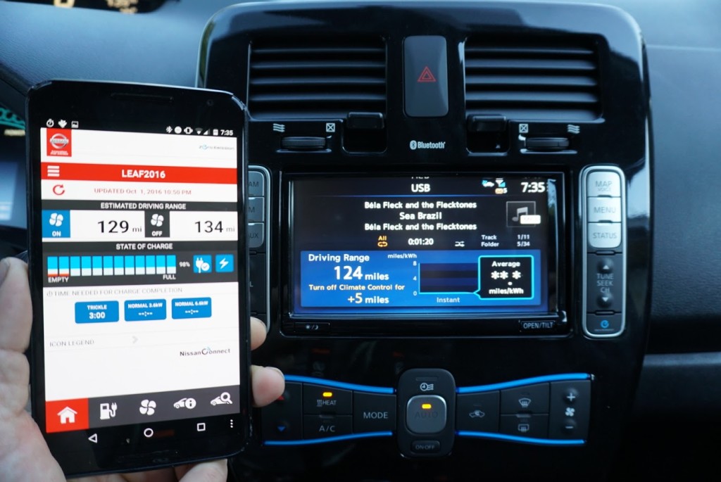 The Leaf's main computer screen, and the phone app that goes with it.